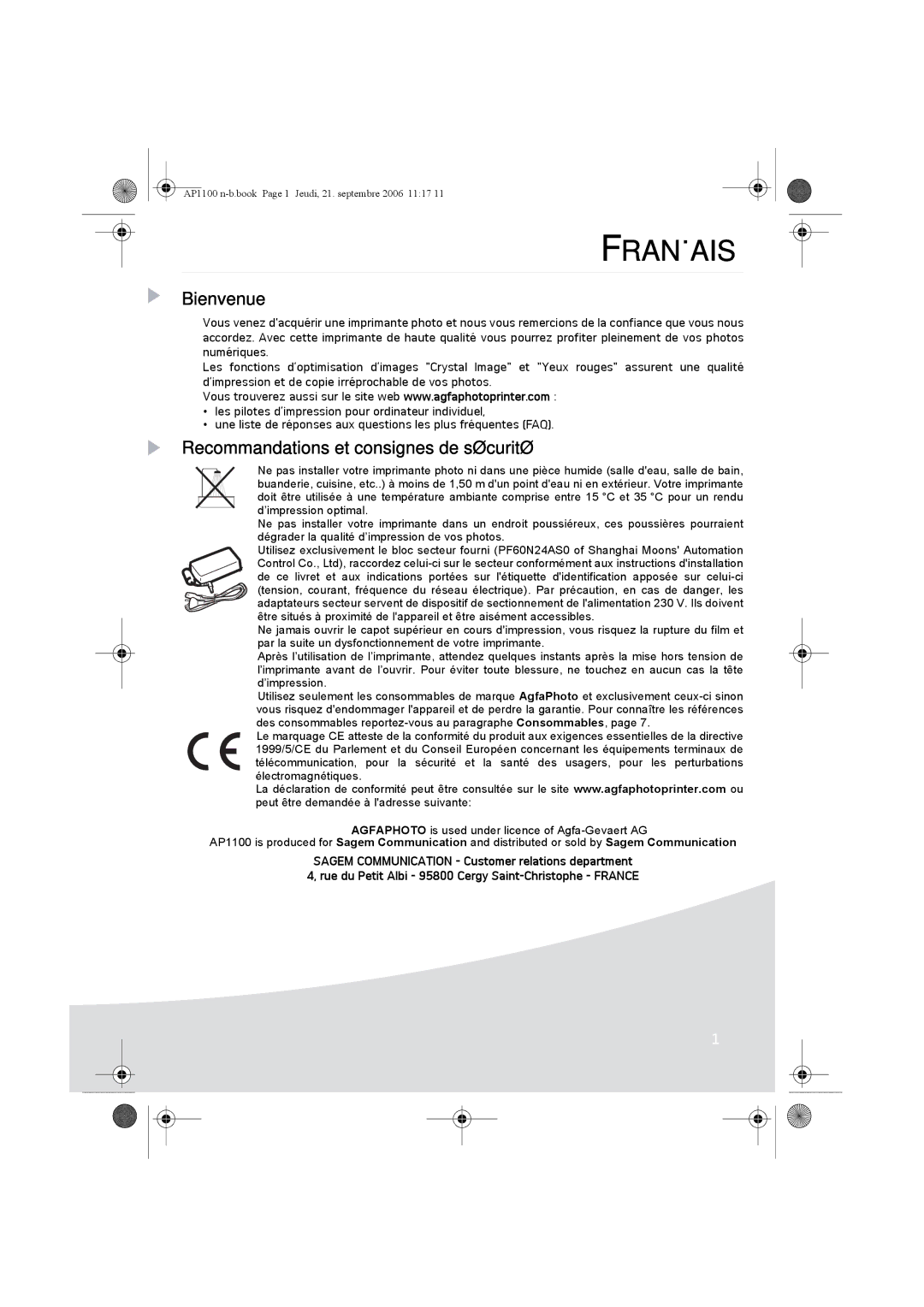 AGFA AP1100 manual Bienvenue, Recommandations et consignes de sécurité 