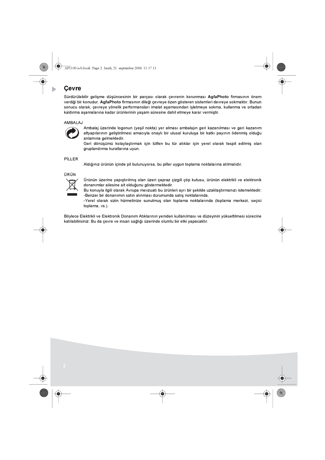 AGFA AP1100 manual Çevre, Ambalaj, Pİller, Ürün 
