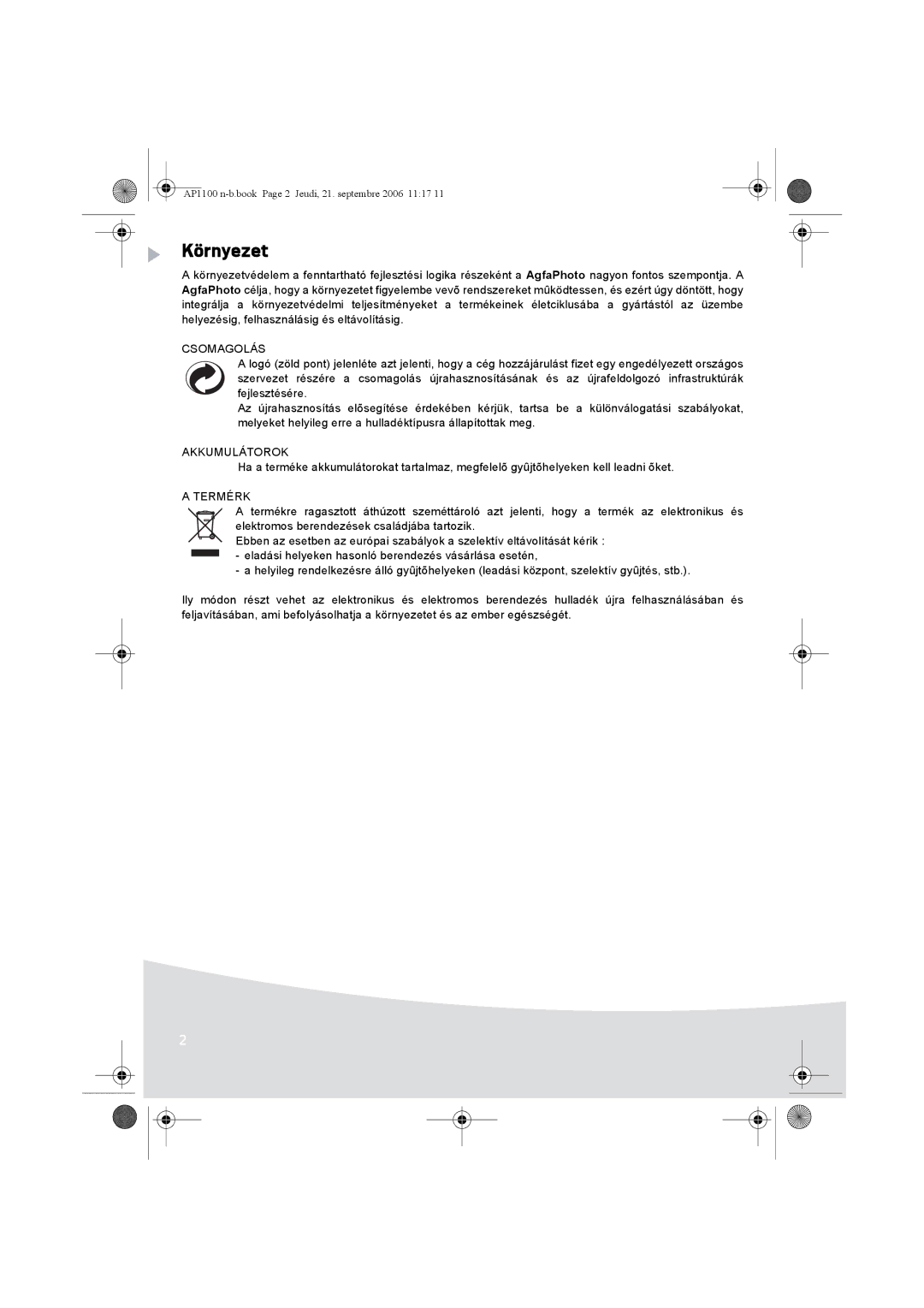 AGFA AP1100 manual Környezet, Csomagolás, Akkumulátorok, Termérk 