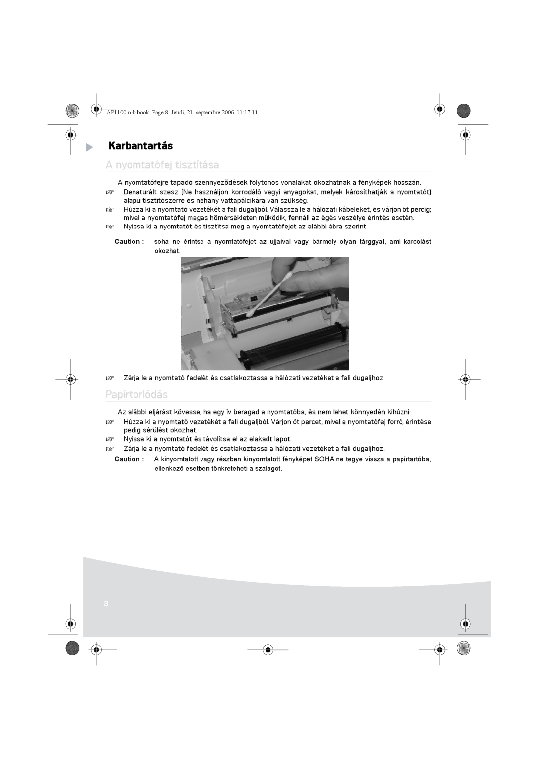 AGFA AP1100 manual Karbantartás, Nyomtatófej tisztítása, Papírtorlódás 