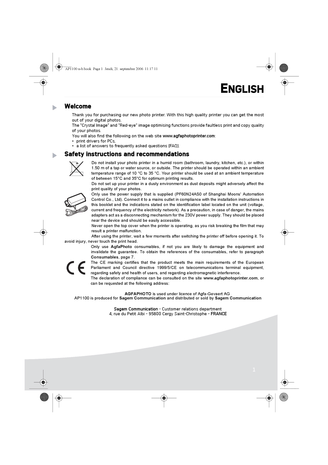 AGFA AP1100 manual Welcome, Safety instructions and recommendations 