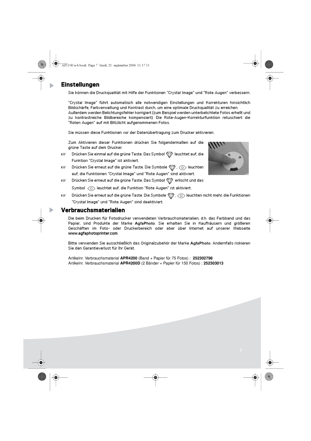 AGFA AP1100 manual Einstellungen, Verbrauchsmaterialien 