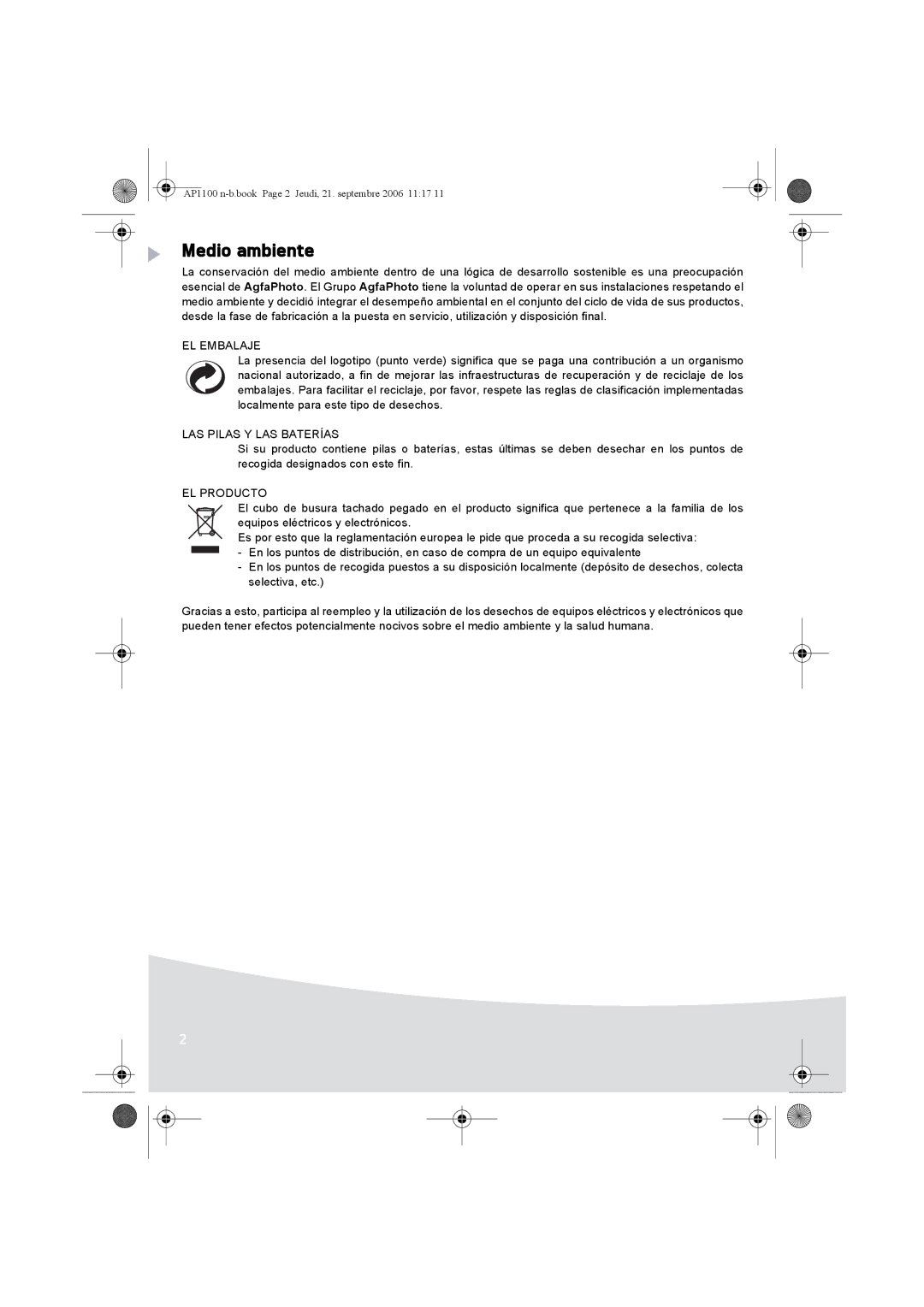 AGFA AP1100 manual Medio ambiente, EL Embalaje, LAS Pilas Y LAS Baterías, EL Producto 