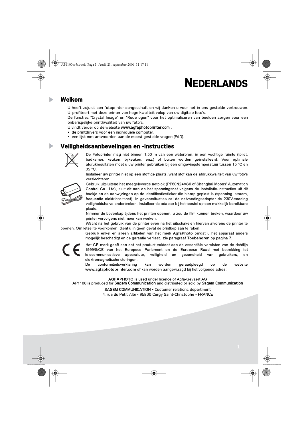 AGFA AP1100 manual Welkom, Veiligheidsaanbevelingen en -instructies 