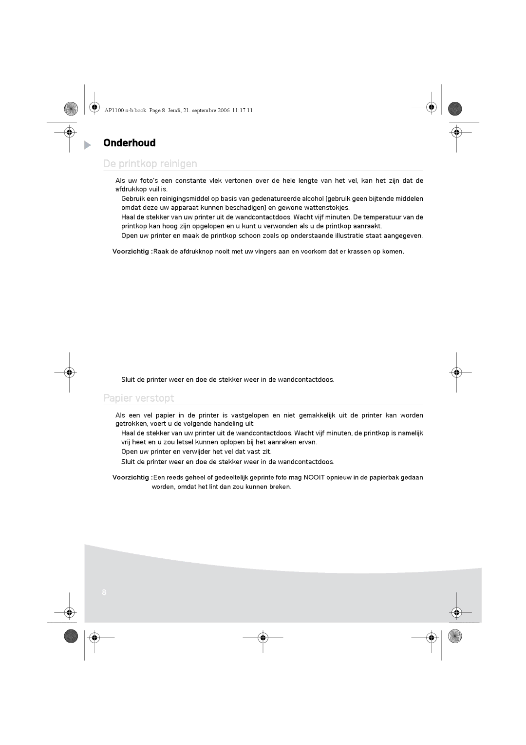 AGFA AP1100 manual Onderhoud, De printkop reinigen, Papier verstopt 