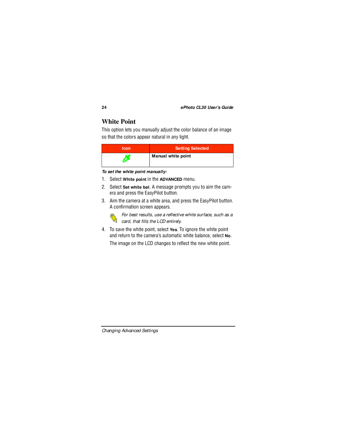 AGFA CL30 White Point, To set the white point manually, Select White point in the Advanced menu 