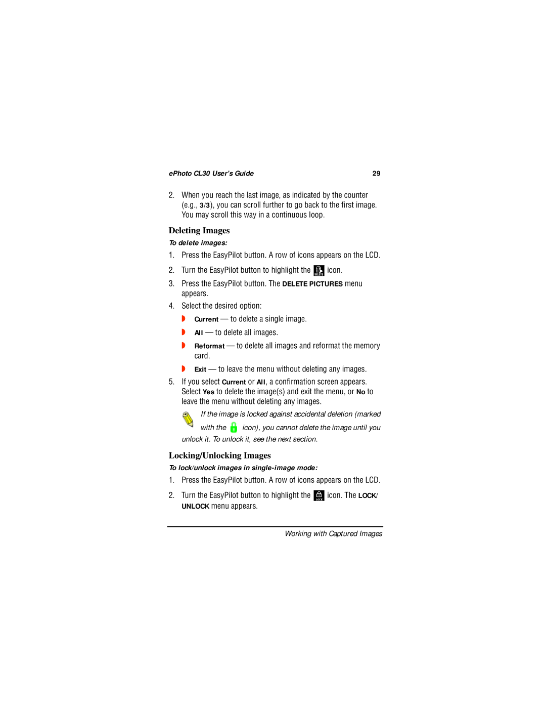 AGFA CL30 Deleting Images, Locking/Unlocking Images, To delete images, Icon, To lock/unlock images in single-image mode 