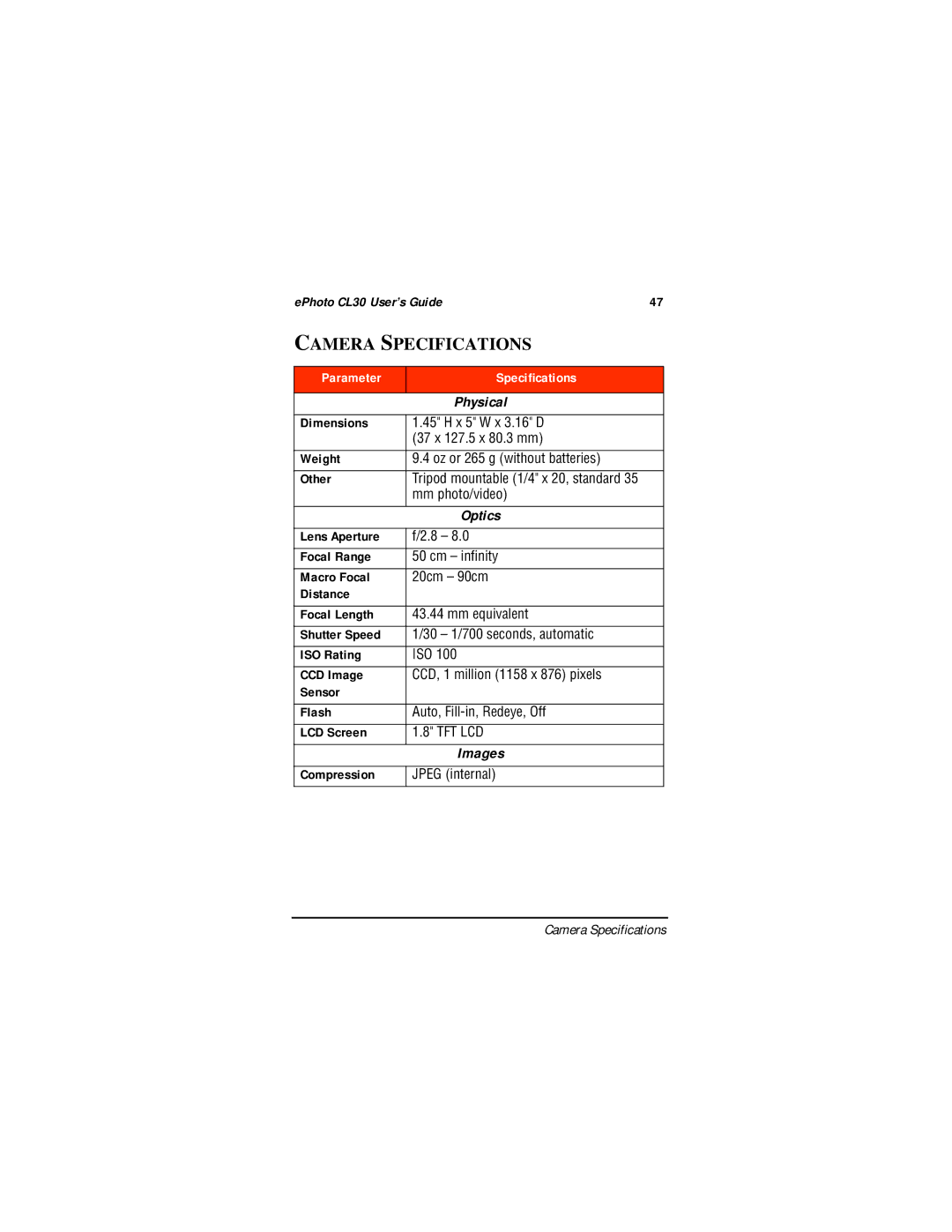 AGFA CL30 manual Camera Specifications 