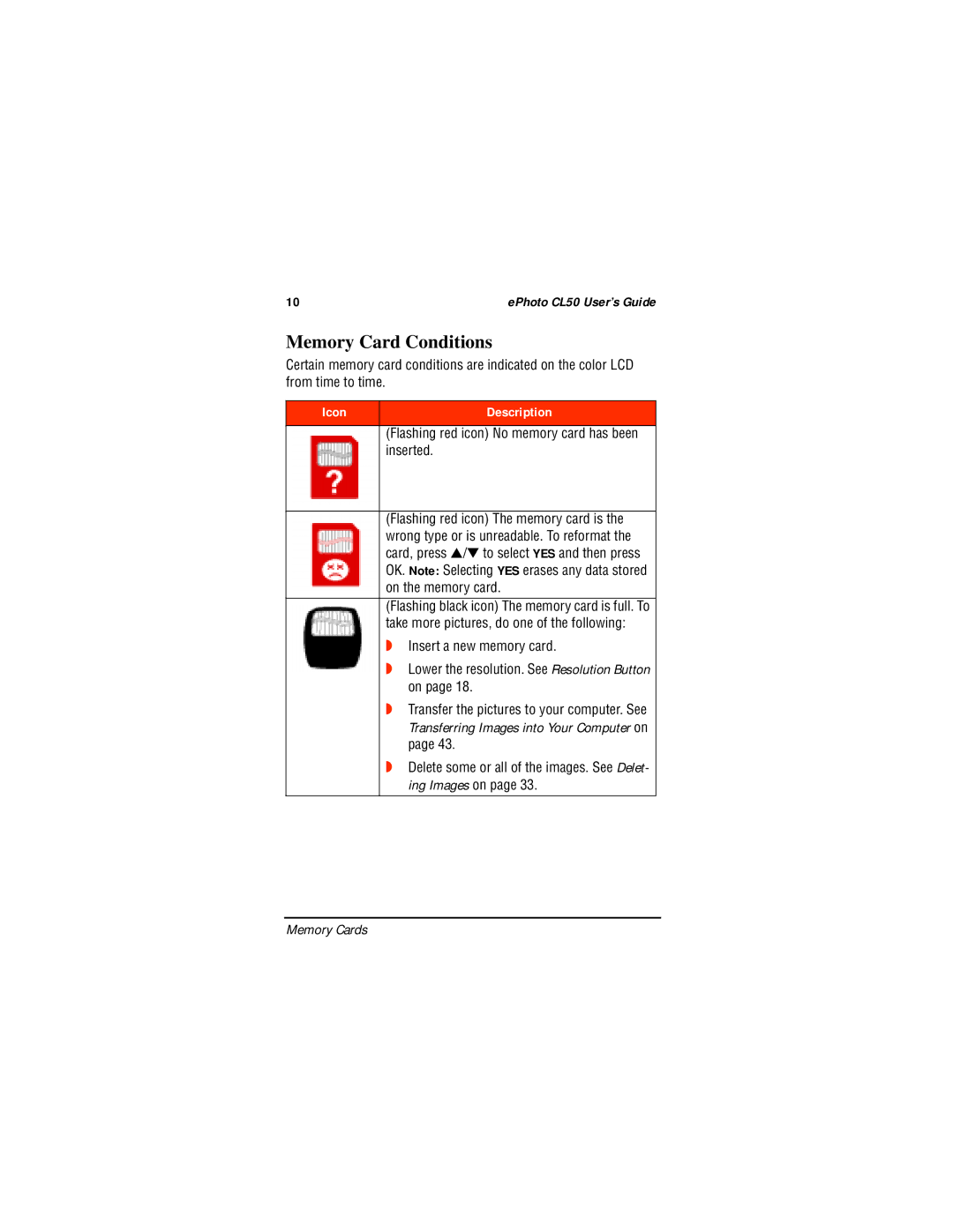 AGFA CL50 manual Memory Card Conditions, Inserted, On the memory card, Insert a new memory card 