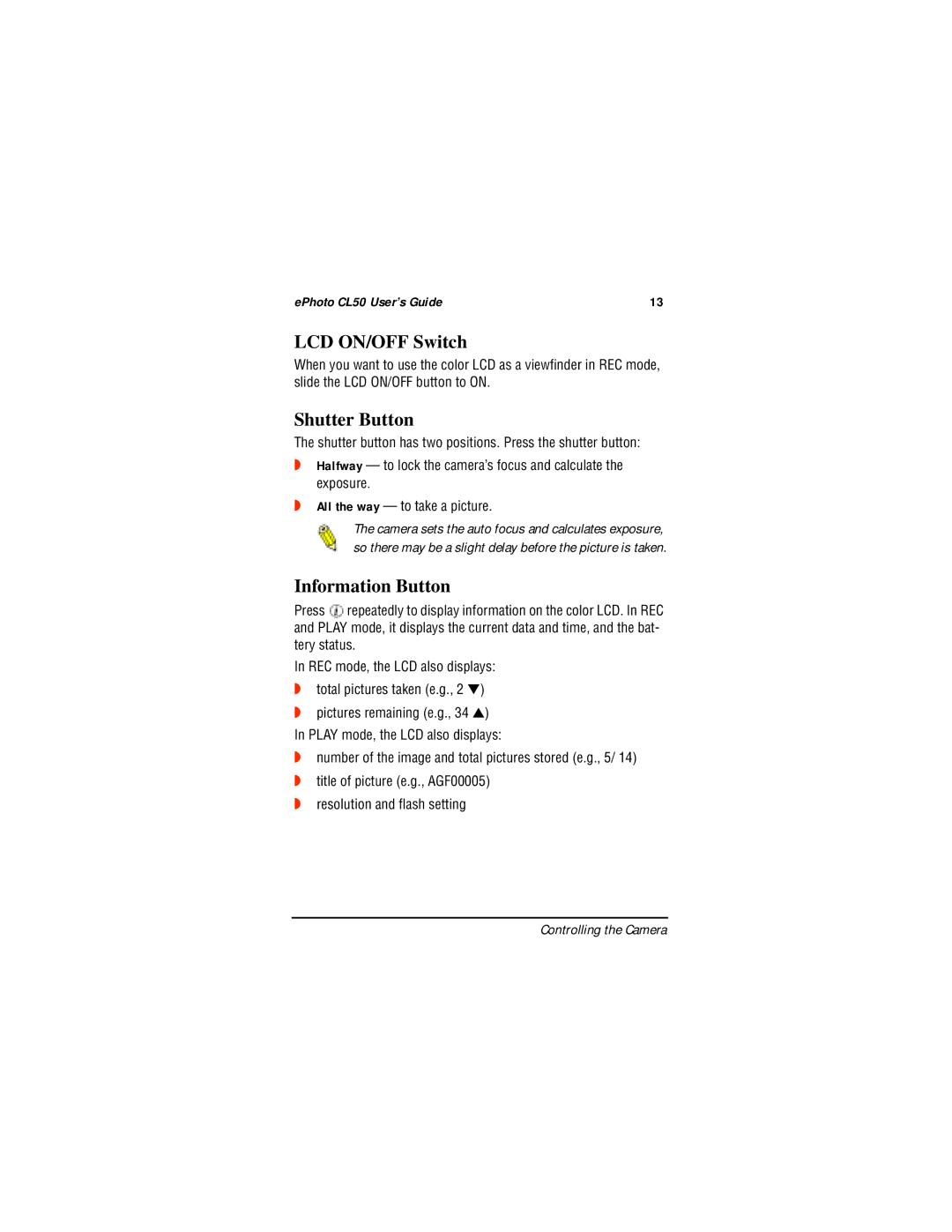 AGFA CL50 manual LCD ON/OFF Switch, Shutter Button, Information Button 