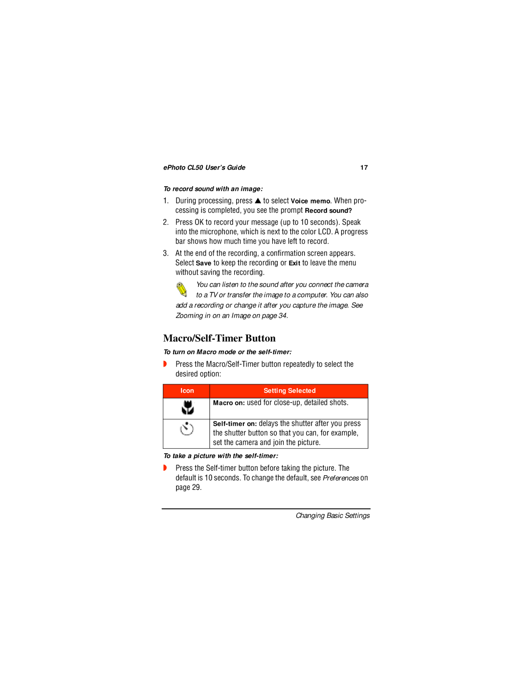 AGFA manual Macro/Self-Timer Button, EPhoto CL50 User’s Guide To record sound with an image 