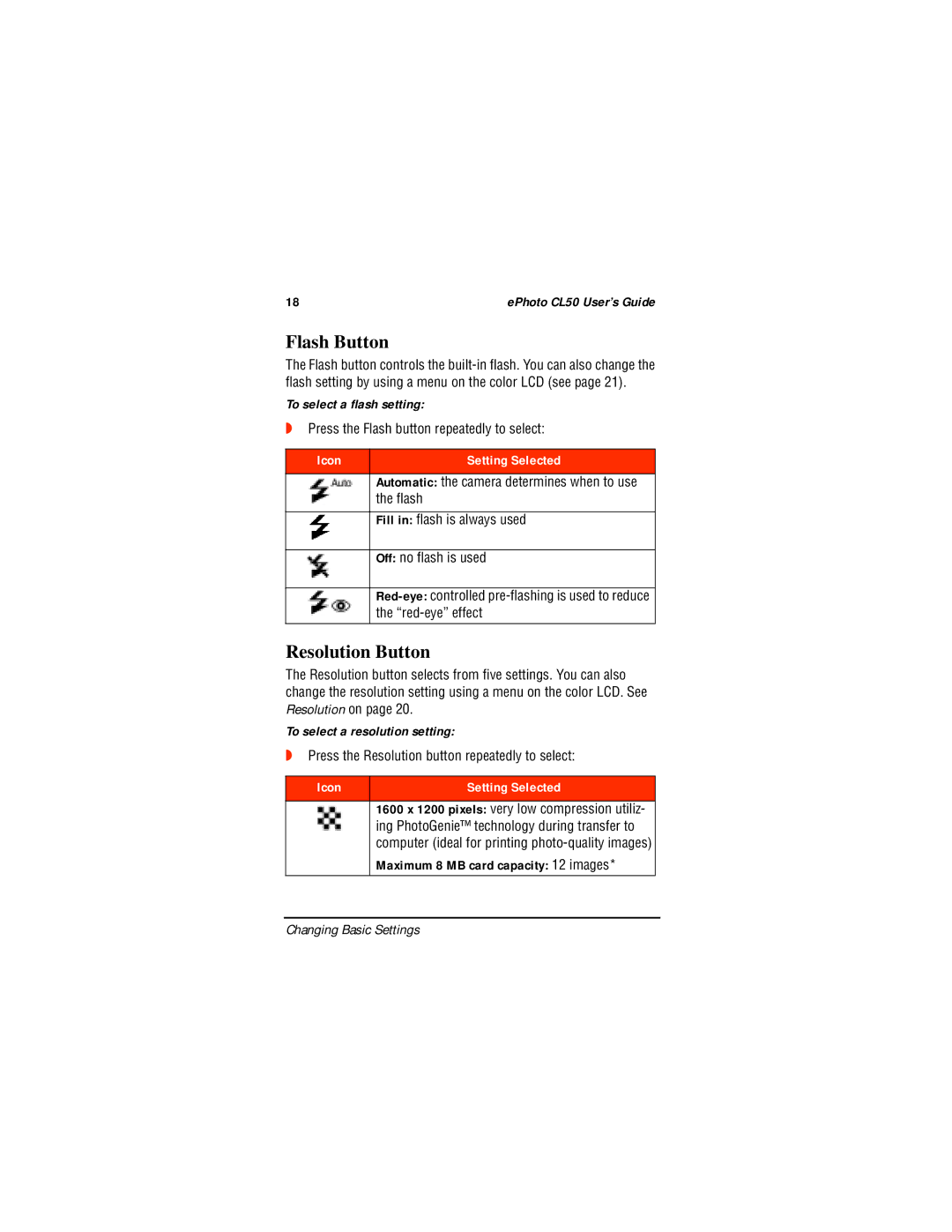 AGFA CL50 manual Flash Button, Resolution Button, To select a ﬂash setting, To select a resolution setting 