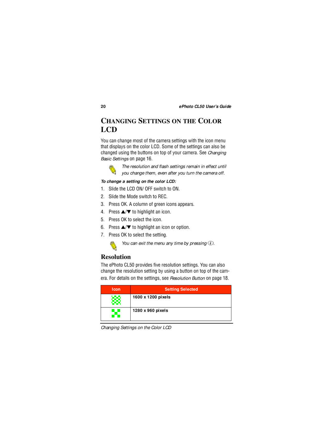 AGFA CL50 manual Resolution, Changing Settings on the Color, To change a setting on the color LCD 