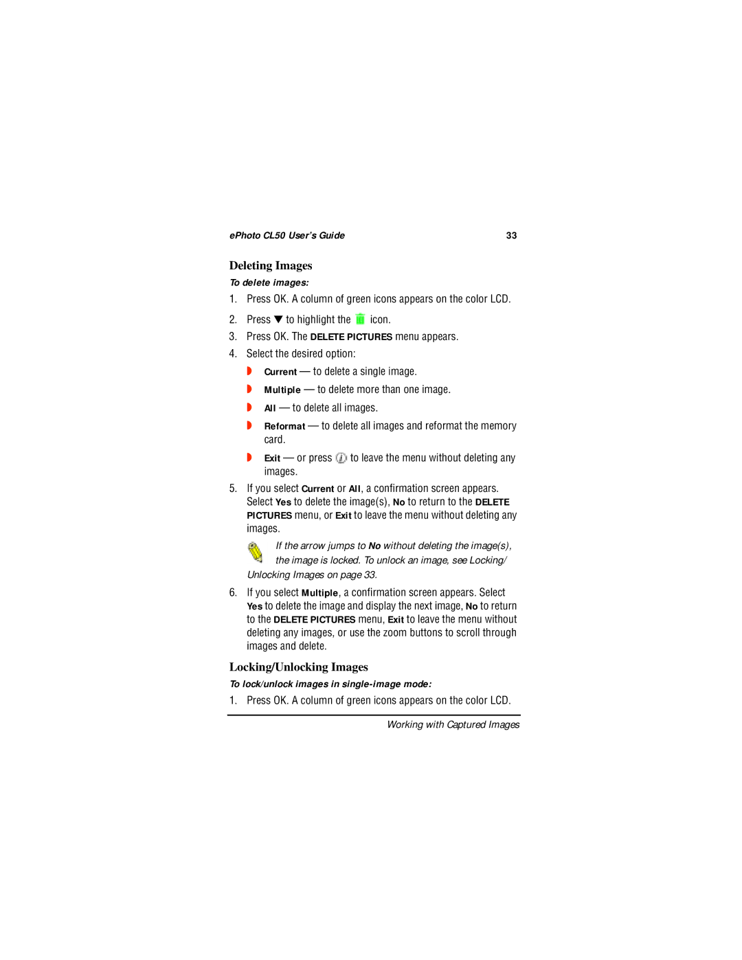 AGFA CL50 manual Deleting Images, Locking/Unlocking Images, To delete images, To lock/unlock images in single-image mode 