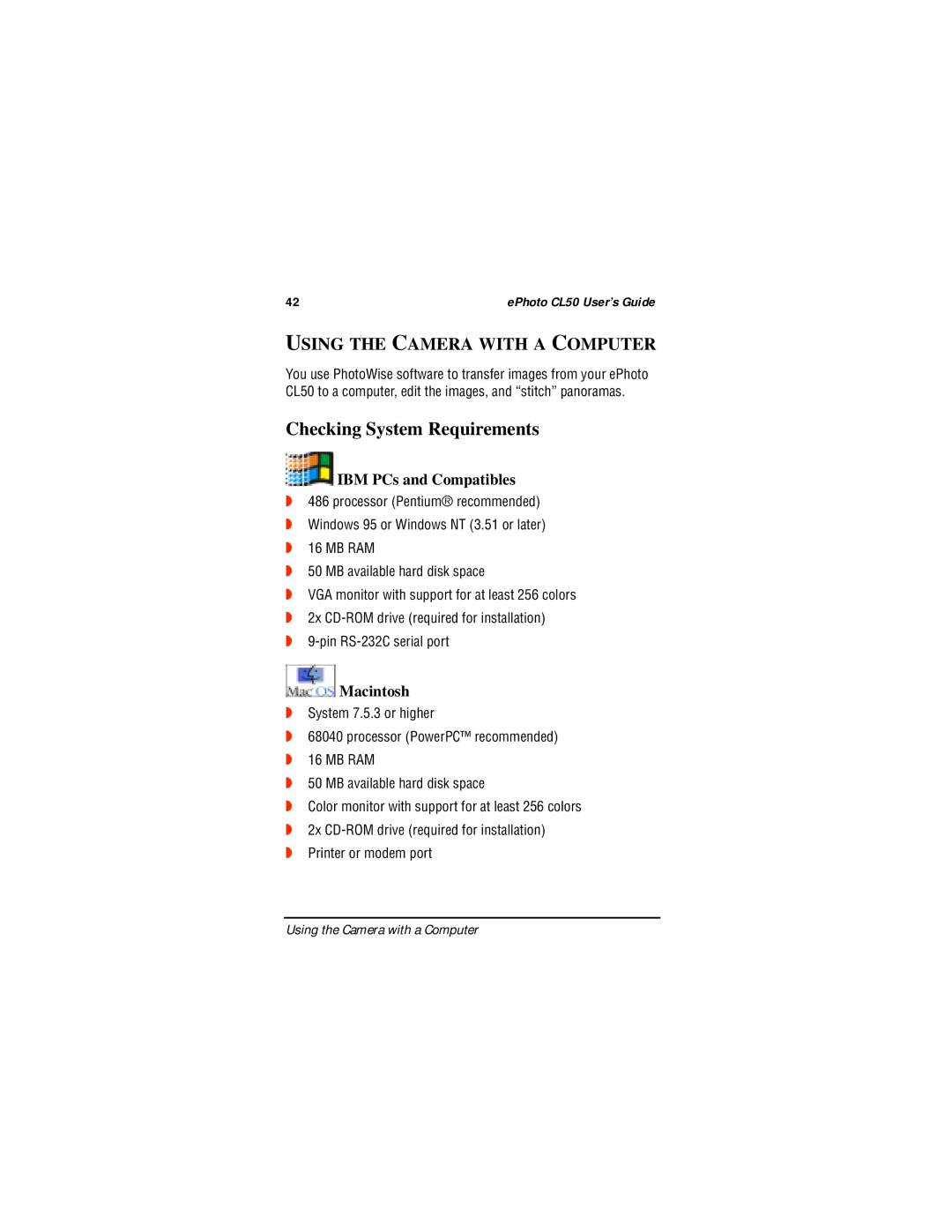 AGFA CL50 manual Checking System Requirements, Using the Camera with a Computer, IBM PCs and Compatibles, Macintosh 