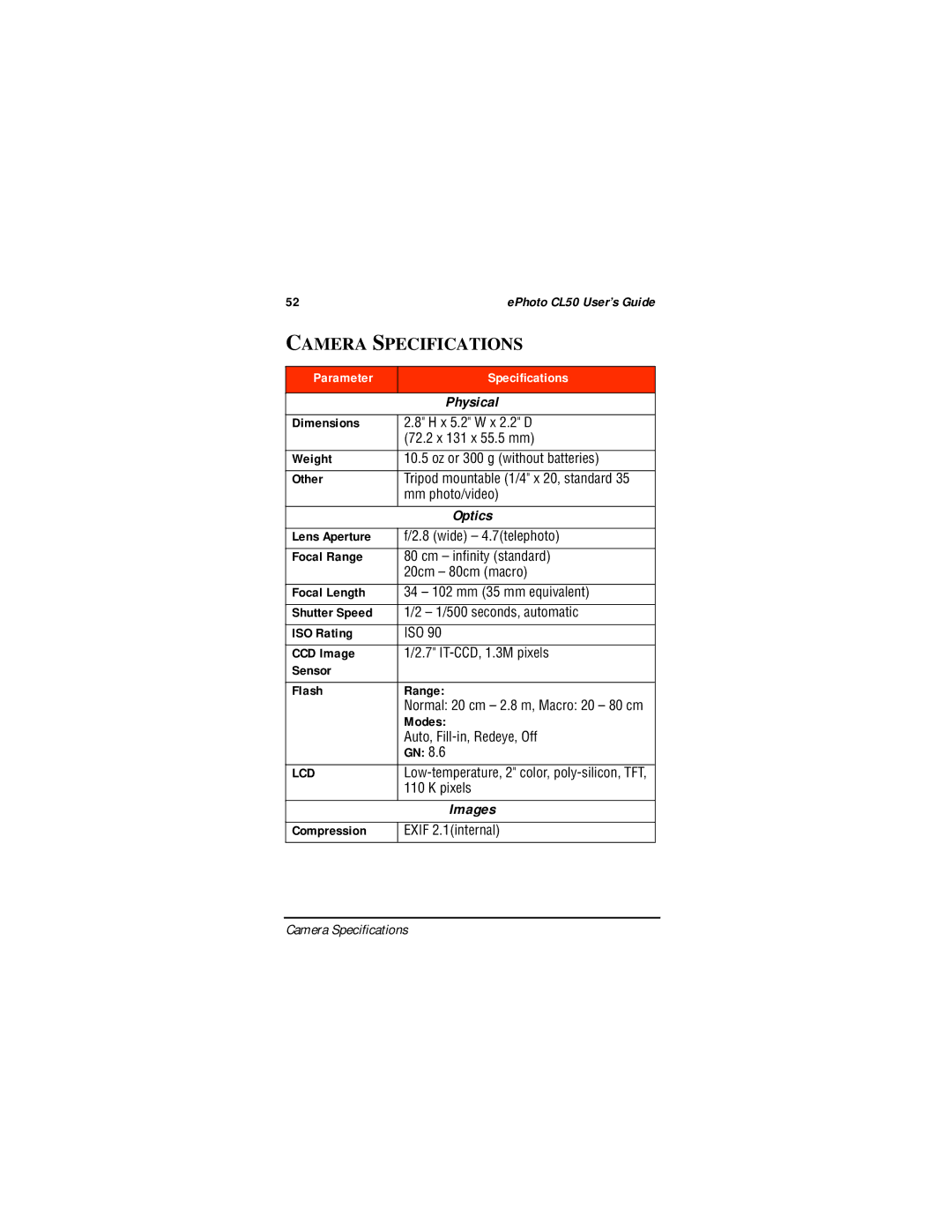 AGFA manual Camera Specifications, 52ePhoto CL50 User’s Guide 