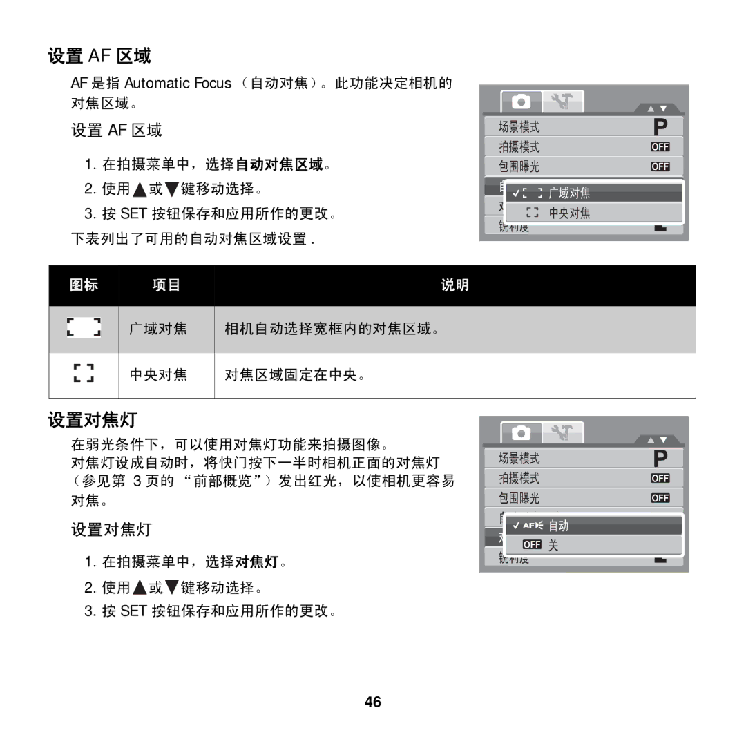 AGFA COMPACT 100 manual 设置 Af 区域, 设置对焦灯 