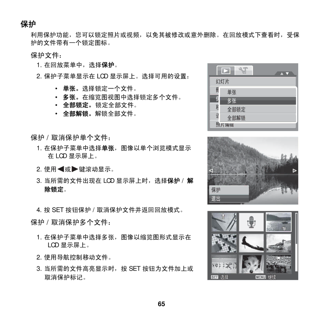 AGFA COMPACT 100 manual 保护文件：, 保护 / 取消保护单个文件：, 保护 / 取消保护多个文件： 