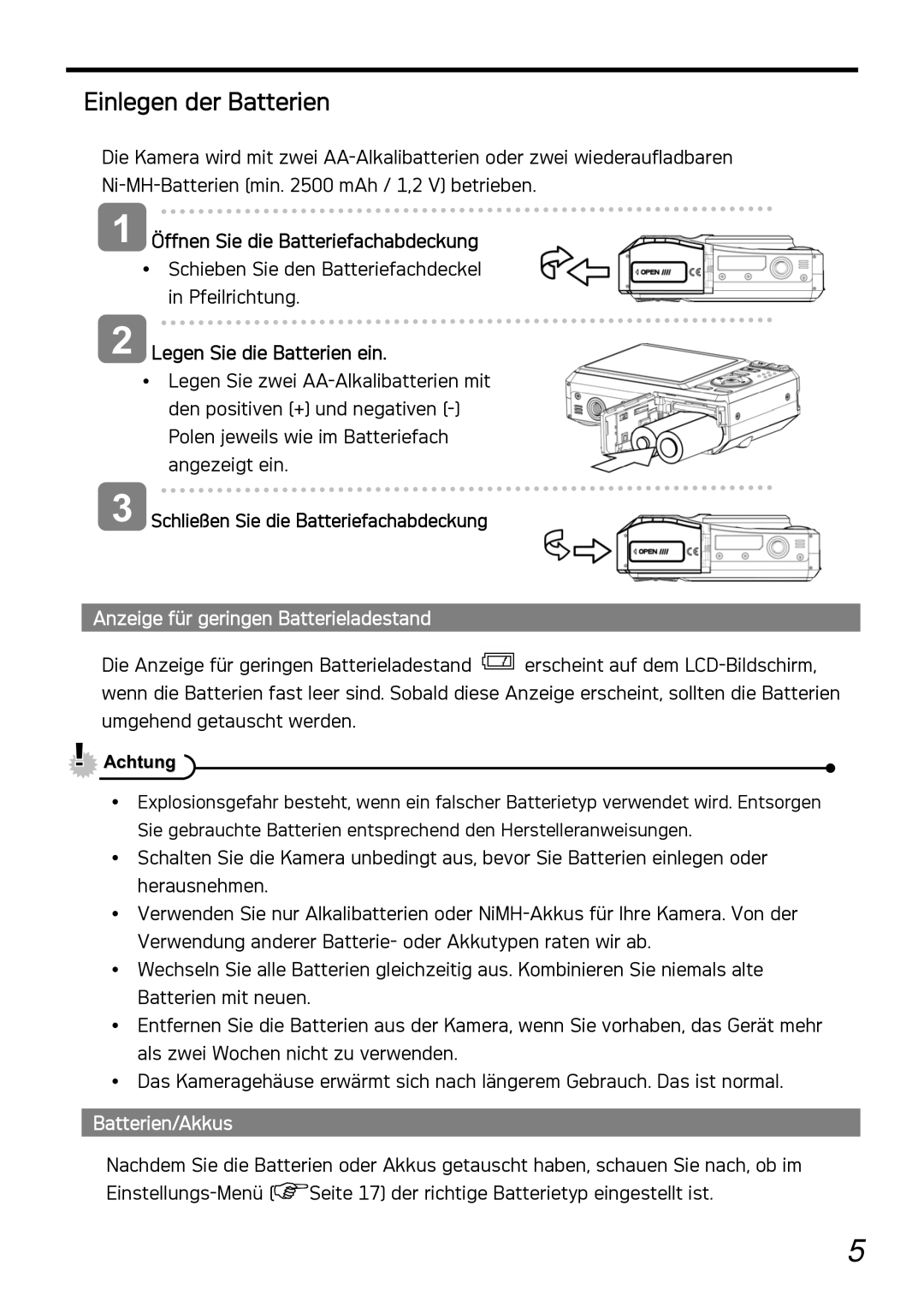 AGFA DC-1030I Einlegen der Batterien, Legen Sie die Batterien ein, Anzeige für geringen Batterieladestand, Batterien/Akkus 