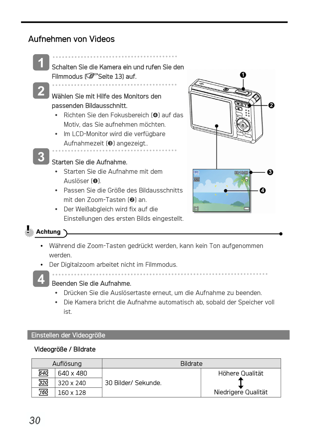 AGFA DC-1030I manual Aufnehmen von Videos, Einstellen der Videogröße, Videogröße / Bildrate 