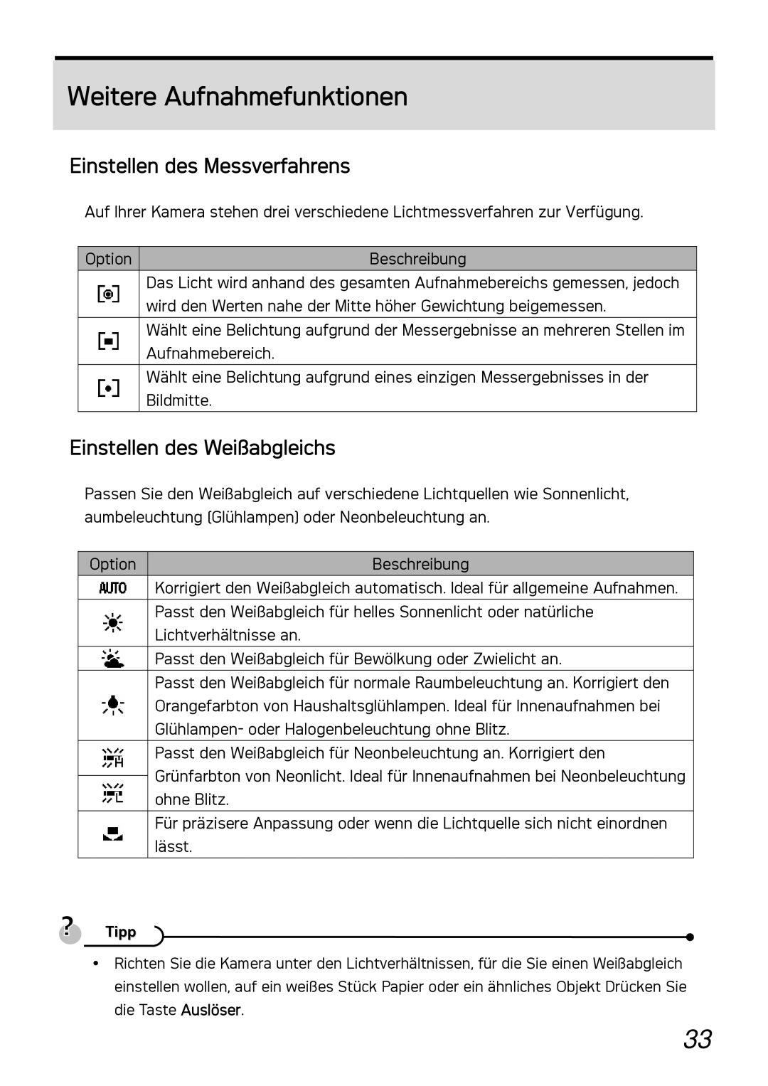 AGFA DC-1030I manual Weitere Aufnahmefunktionen, Einstellen des Messverfahrens, Einstellen des Weißabgleichs 