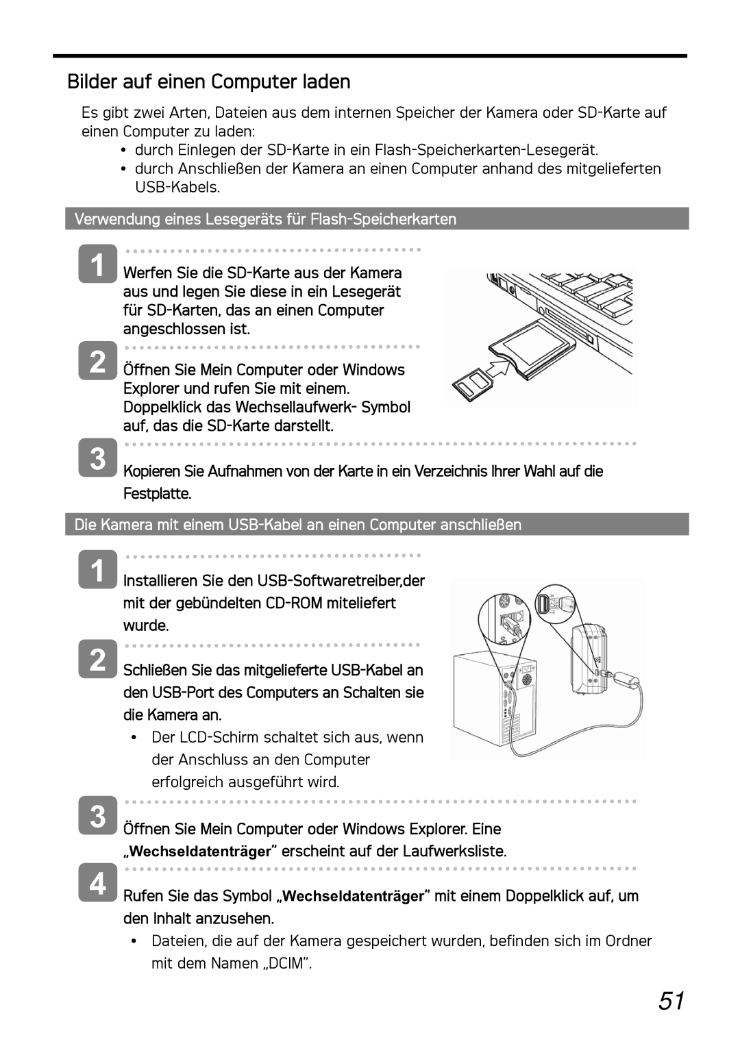 AGFA DC-1030I manual Bilder auf einen Computer laden, Verwendung eines Lesegeräts für Flash-Speicherkarten 