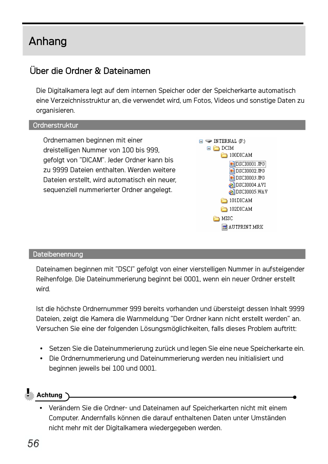 AGFA DC-1030I manual Anhang, Über die Ordner & Dateinamen, Ordnerstruktur, Dateibenennung 