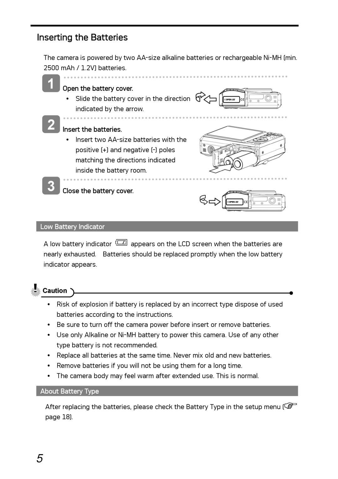 AGFA DC-1030I manual Inserting the Batteries, Low Battery Indicator, About Battery Type 