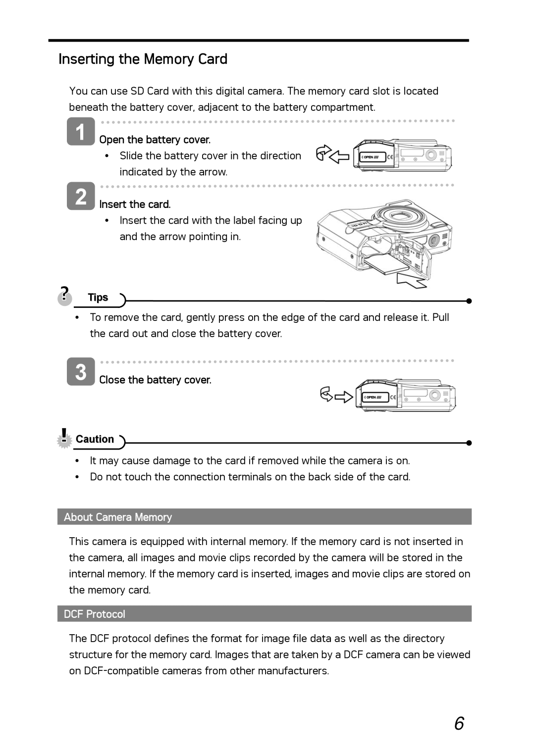 AGFA DC-1030I manual Inserting the Memory Card, Insert the card, Tips, About Camera Memory, DCF Protocol 