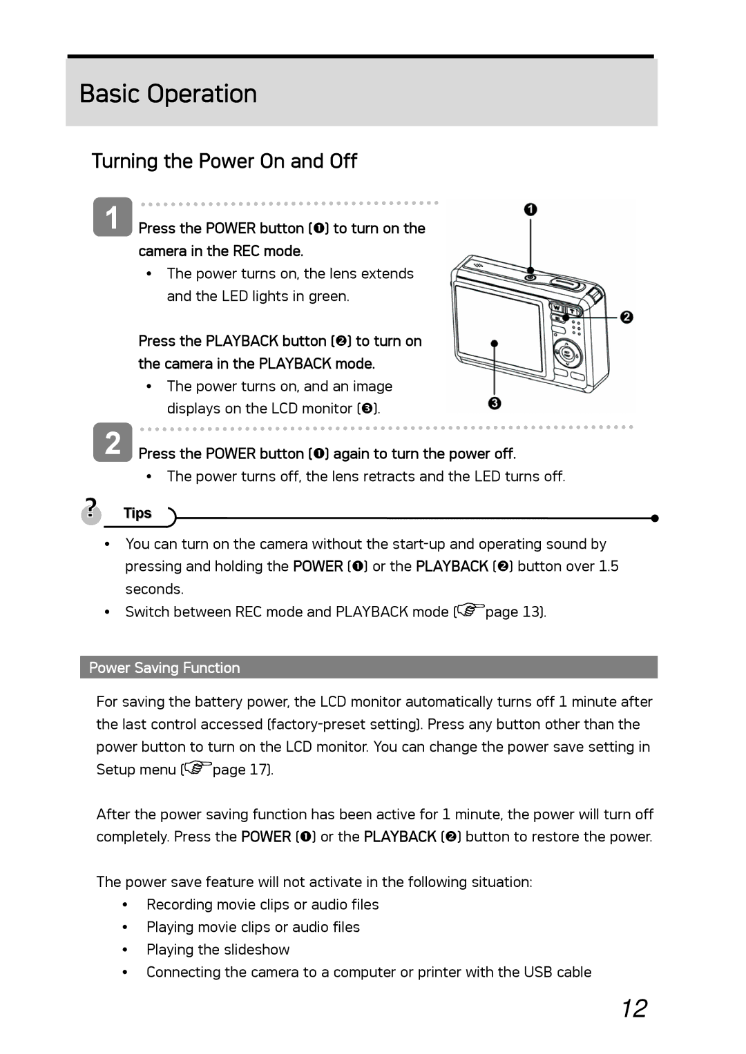 AGFA DC-1030I manual Basic Operation, Turning the Power On and Off, Press the Power button n again to turn the power off 