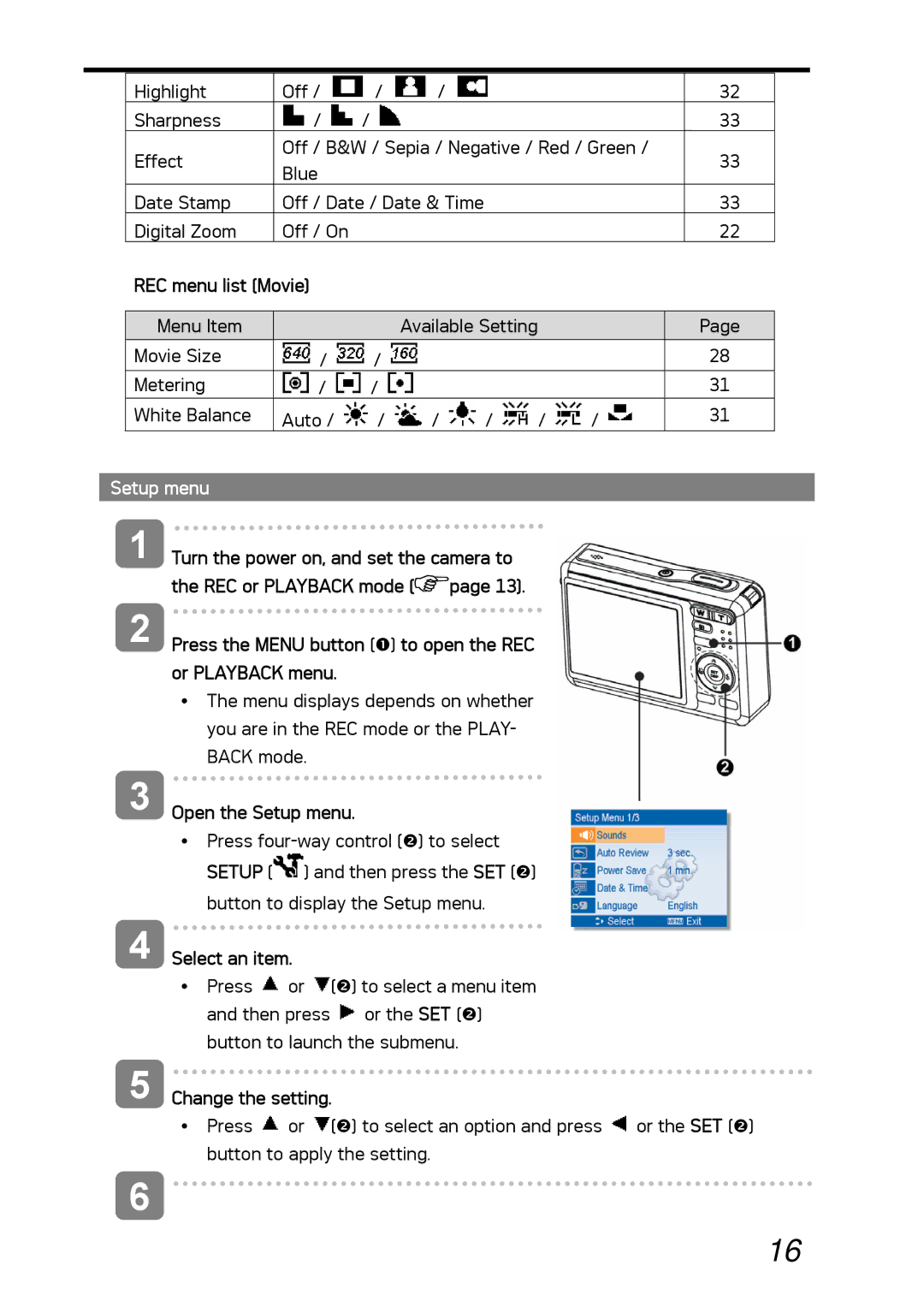 AGFA DC-1030I manual REC menu list Movie, Open the Setup menu 