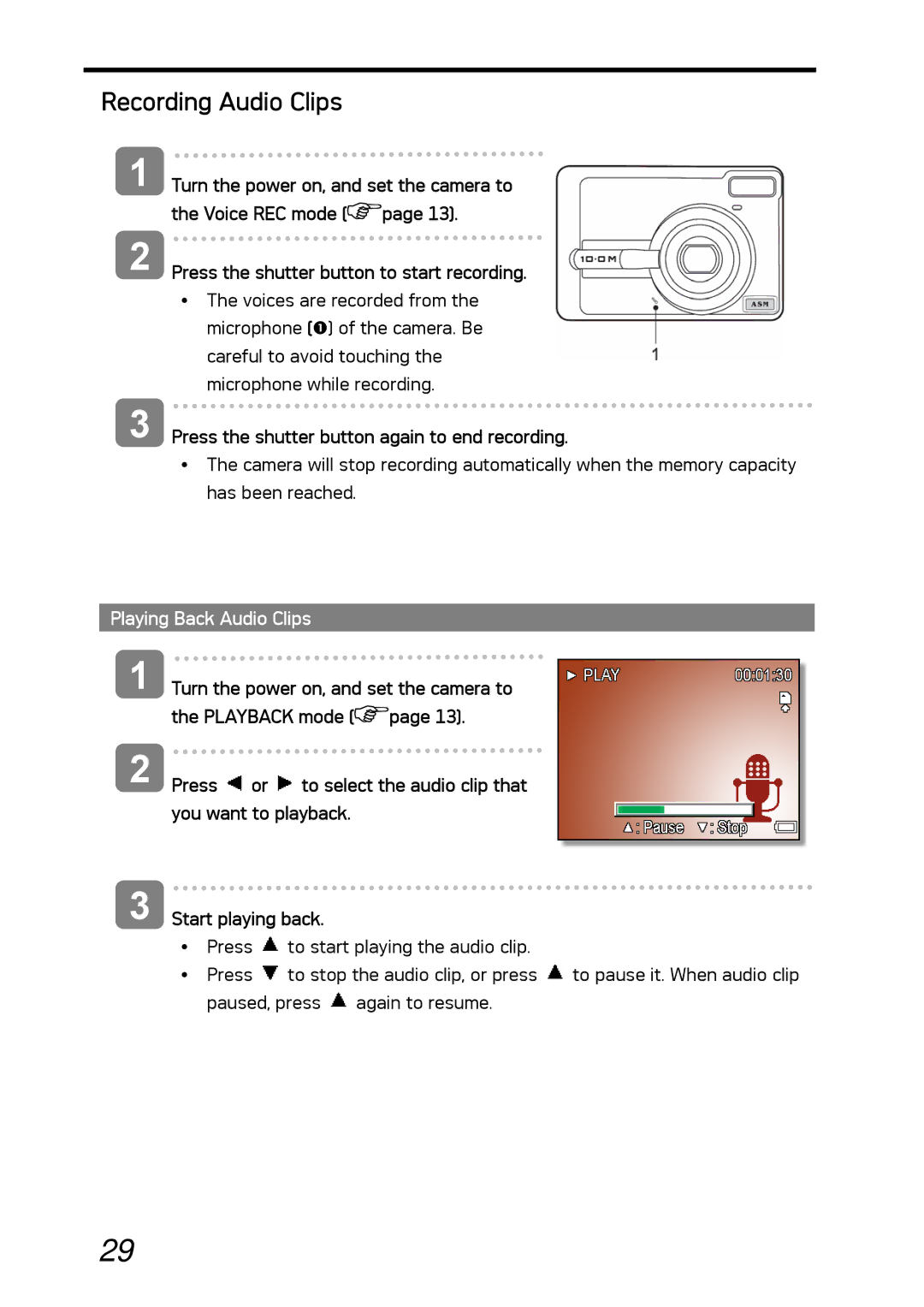 AGFA DC-1030I manual Recording Audio Clips, Press the shutter button again to end recording, Playing Back Audio Clips 