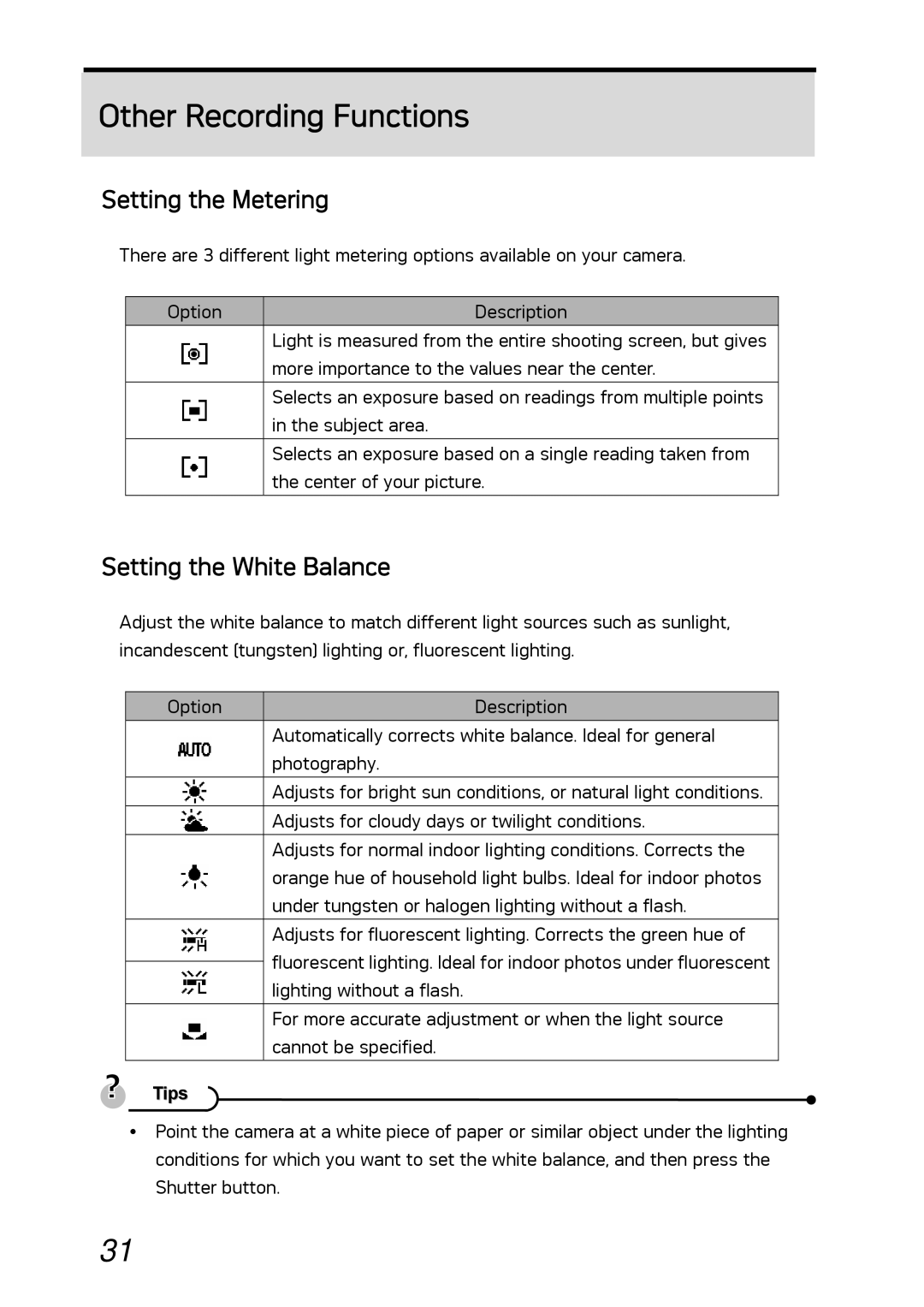 AGFA DC-1030I manual Other Recording Functions, Setting the Metering, Setting the White Balance 