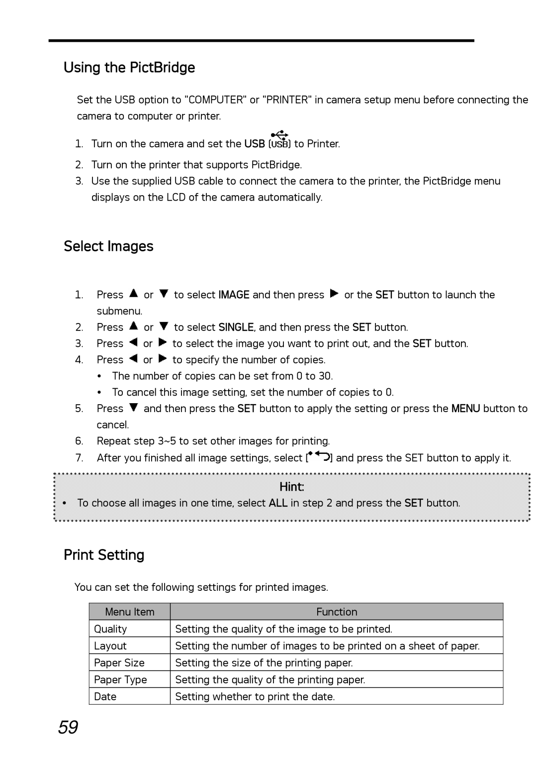 AGFA DC-1030I manual Using the PictBridge, Select Images, Print Setting 