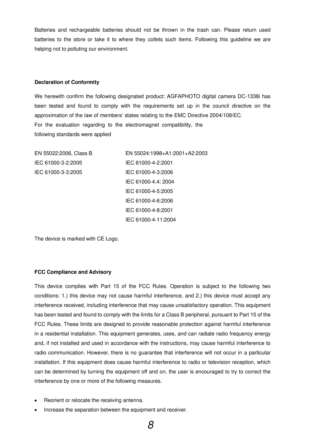 AGFA DC-1338i operating instructions Declaration of Conformity, FCC Compliance and Advisory 