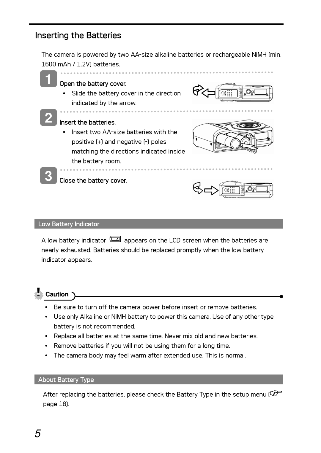 AGFA DC-530i user manual Inserting the Batteries, Low Battery Indicator, About Battery Type 