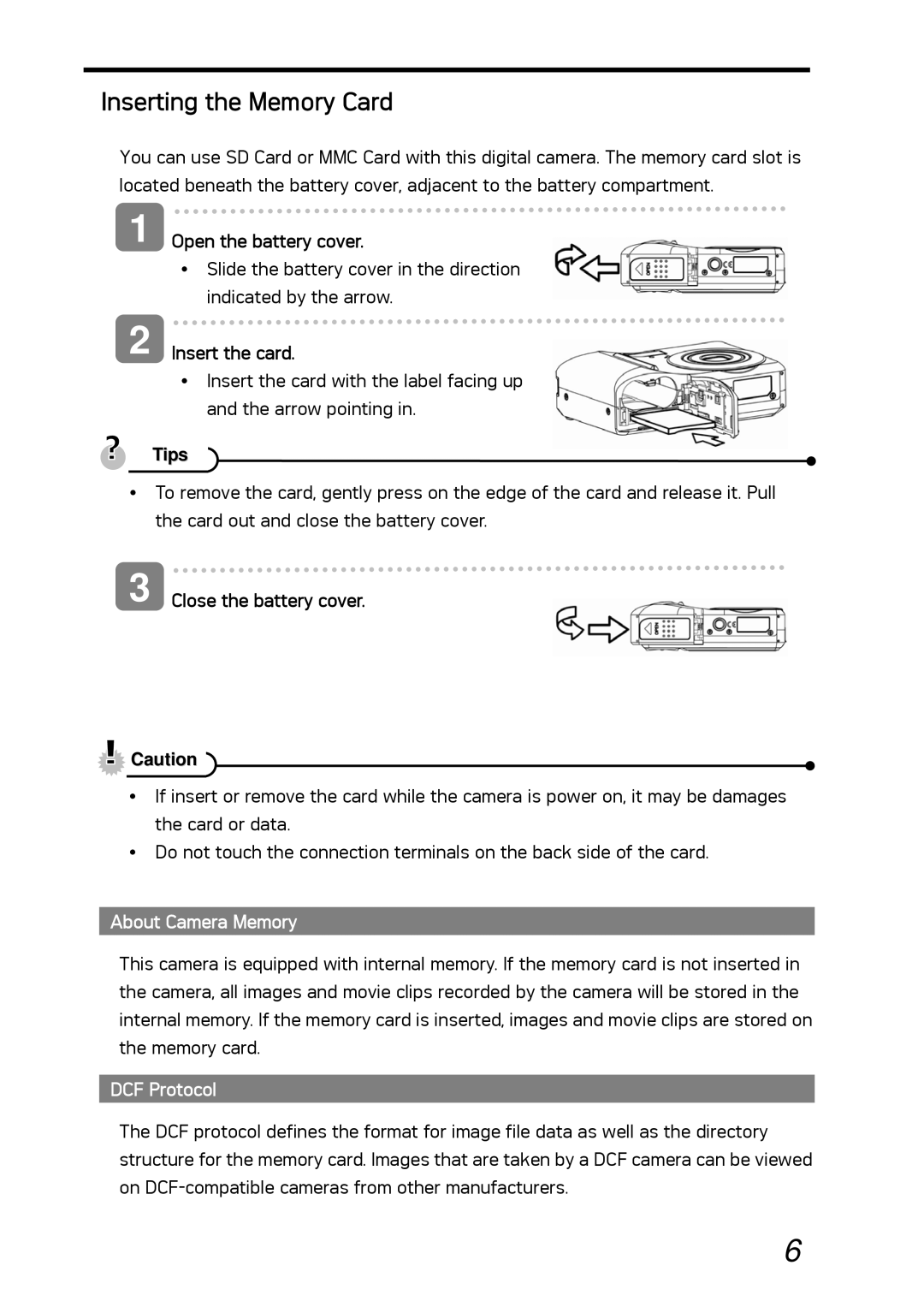 AGFA DC-530i user manual Inserting the Memory Card, Insert the card, Tips, About Camera Memory, DCF Protocol 