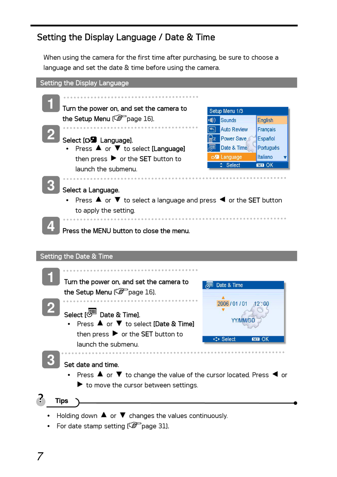 AGFA DC-530i user manual Setting the Display Language / Date & Time, Setting the Date & Time 