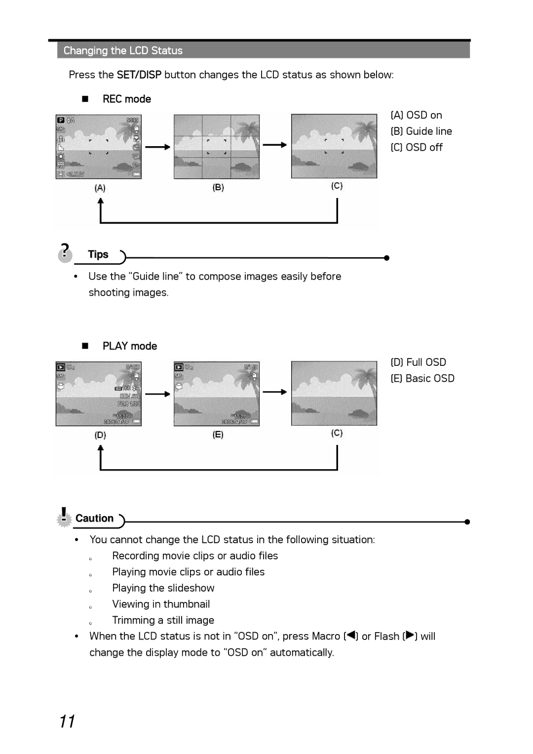 AGFA DC-530i user manual Changing the LCD Status, „ REC mode, „ Play mode 