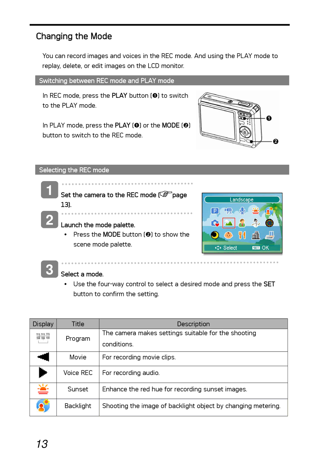 AGFA DC-530i user manual Changing the Mode, Switching between REC mode and Play mode, Selecting the REC mode, Select a mode 