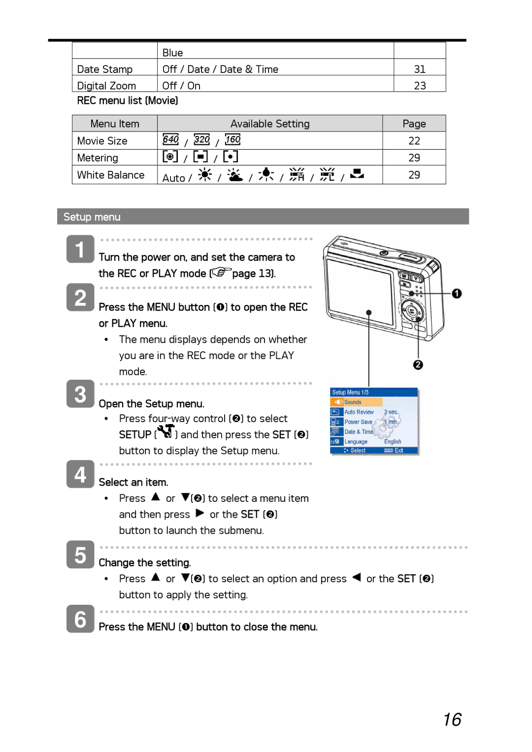 AGFA DC-530i user manual REC menu list Movie, Open the Setup menu, Press the Menu n button to close the menu 