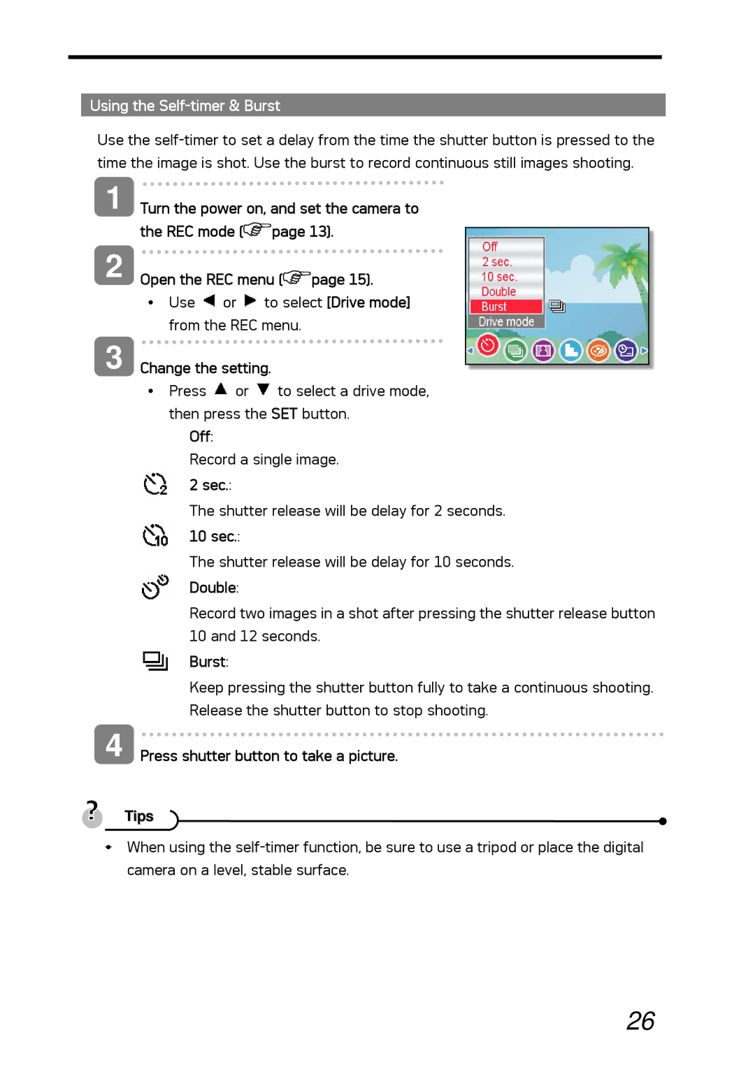 AGFA DC-530i user manual Using the Self-timer & Burst, 10 sec, Double 