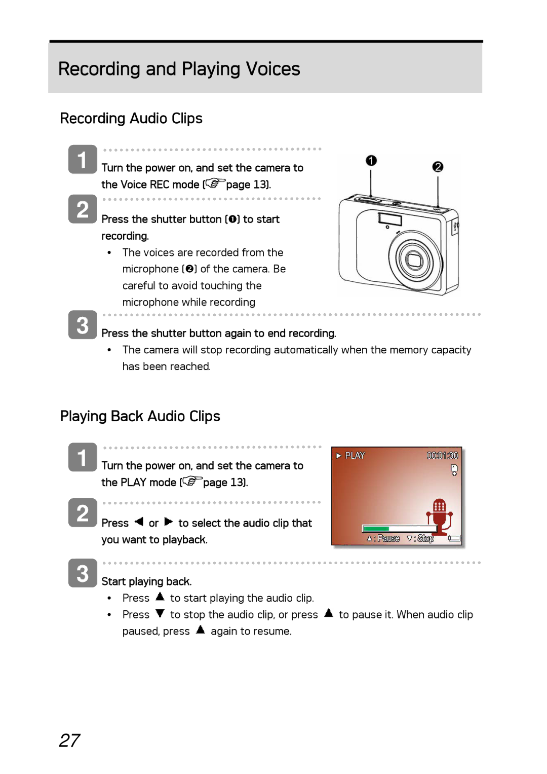 AGFA DC-530i user manual Recording and Playing Voices, Recording Audio Clips, Playing Back Audio Clips 