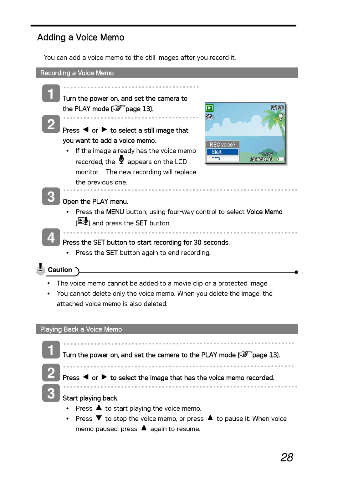 AGFA DC-530i user manual Adding a Voice Memo, Recording a Voice Memo, Open the Play menu, Playing Back a Voice Memo 