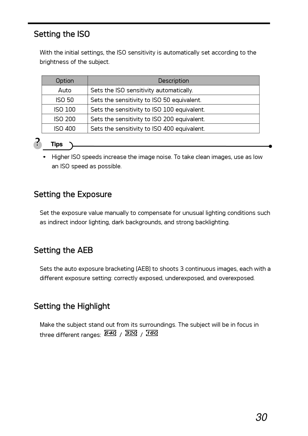 AGFA DC-530i user manual Setting the ISO, Setting the Exposure, Setting the AEB, Setting the Highlight 