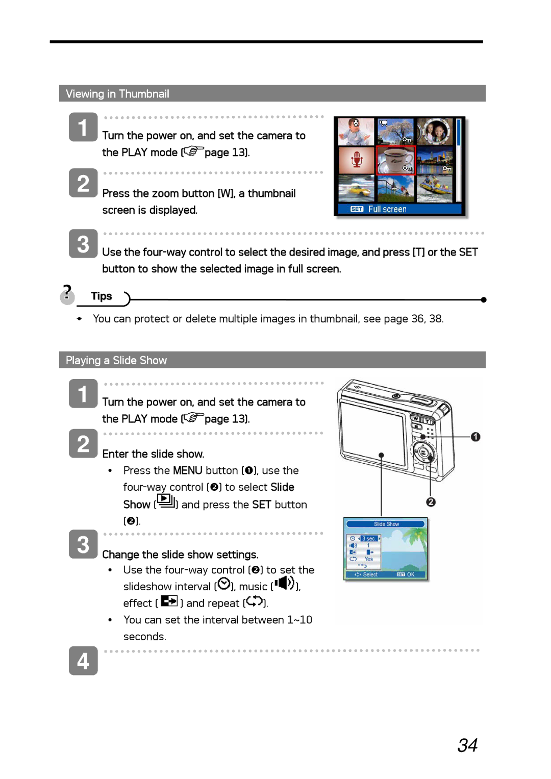 AGFA DC-530i user manual Viewing in Thumbnail, Button to show the selected image in full screen, Playing a Slide Show 