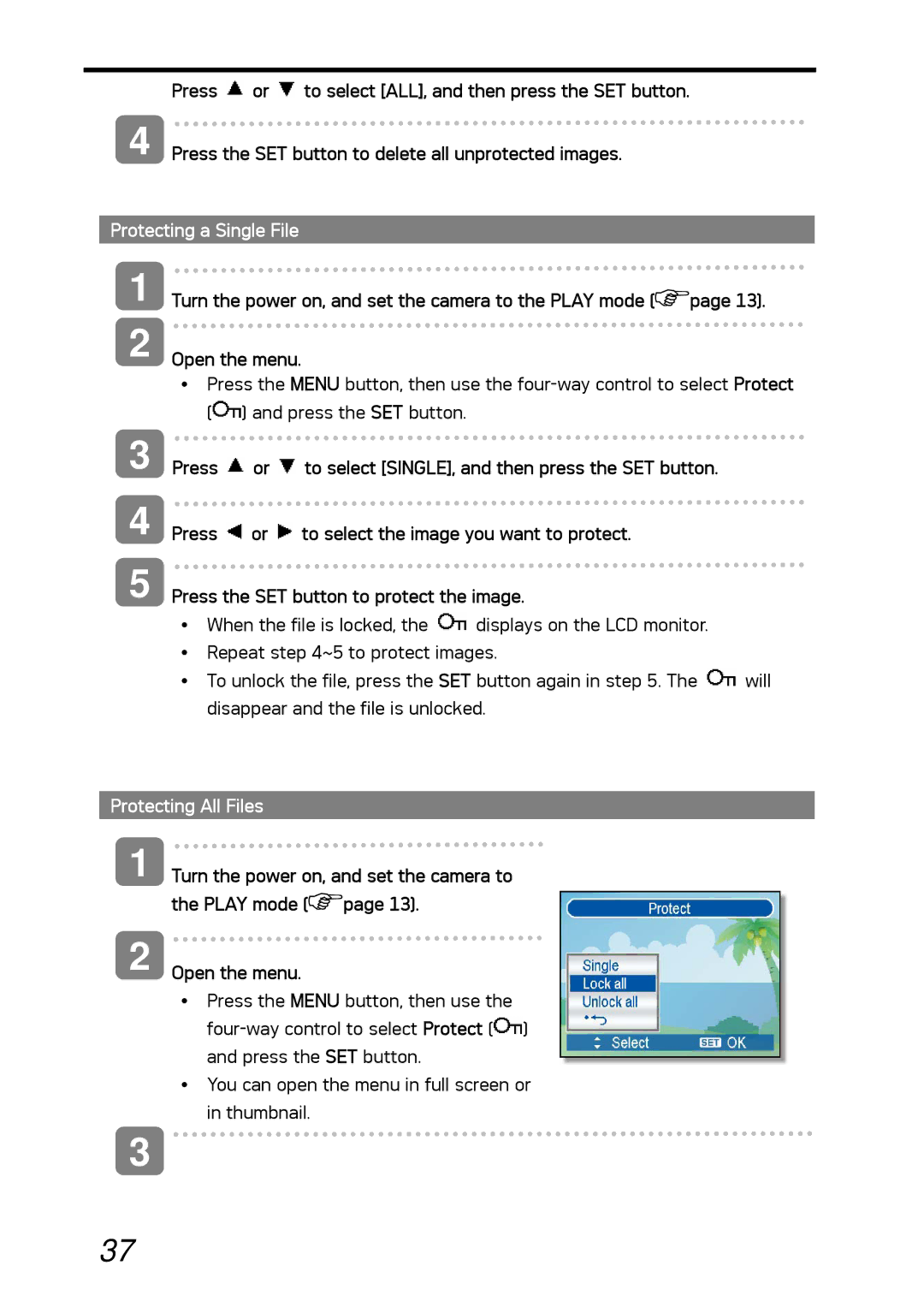 AGFA DC-530i user manual Protecting a Single File, Protecting All Files, Play mode Open the menu 