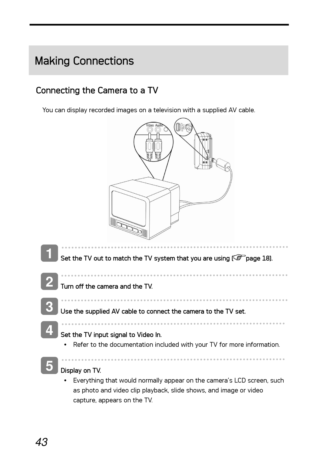 AGFA DC-530i user manual Making Connections, Connecting the Camera to a TV, Display on TV 