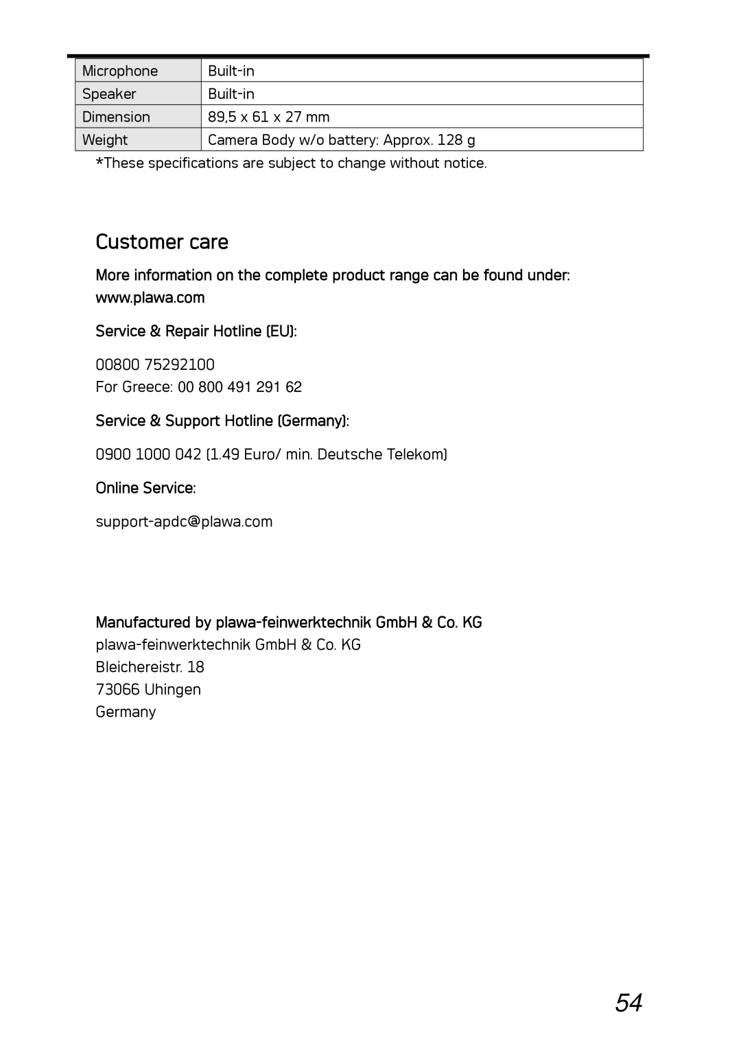 AGFA DC-530i user manual Customer care, Manufactured by plawa-feinwerktechnik GmbH & Co. KG 