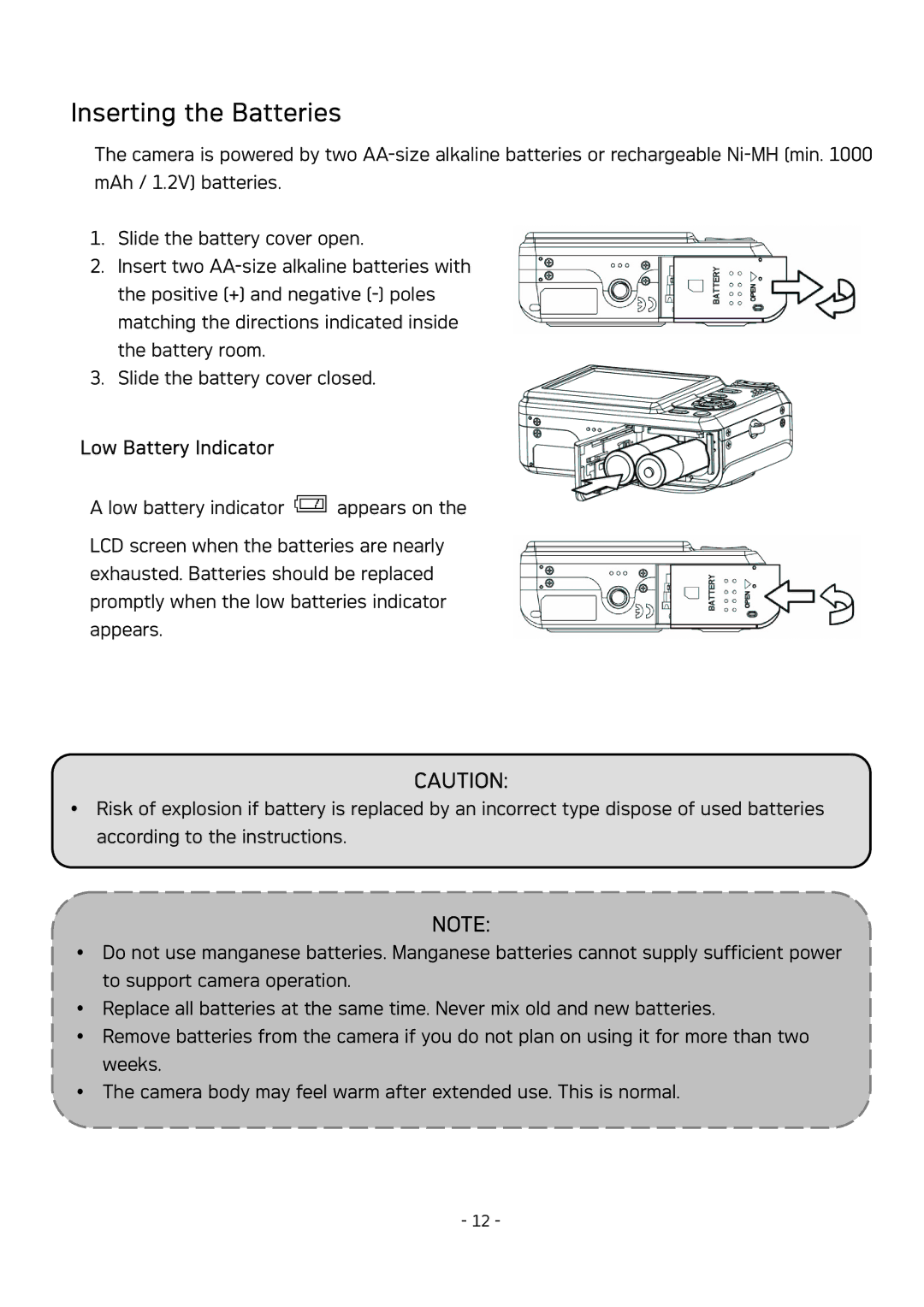 AGFA DC-533 user manual Inserting the Batteries, Low Battery Indicator 